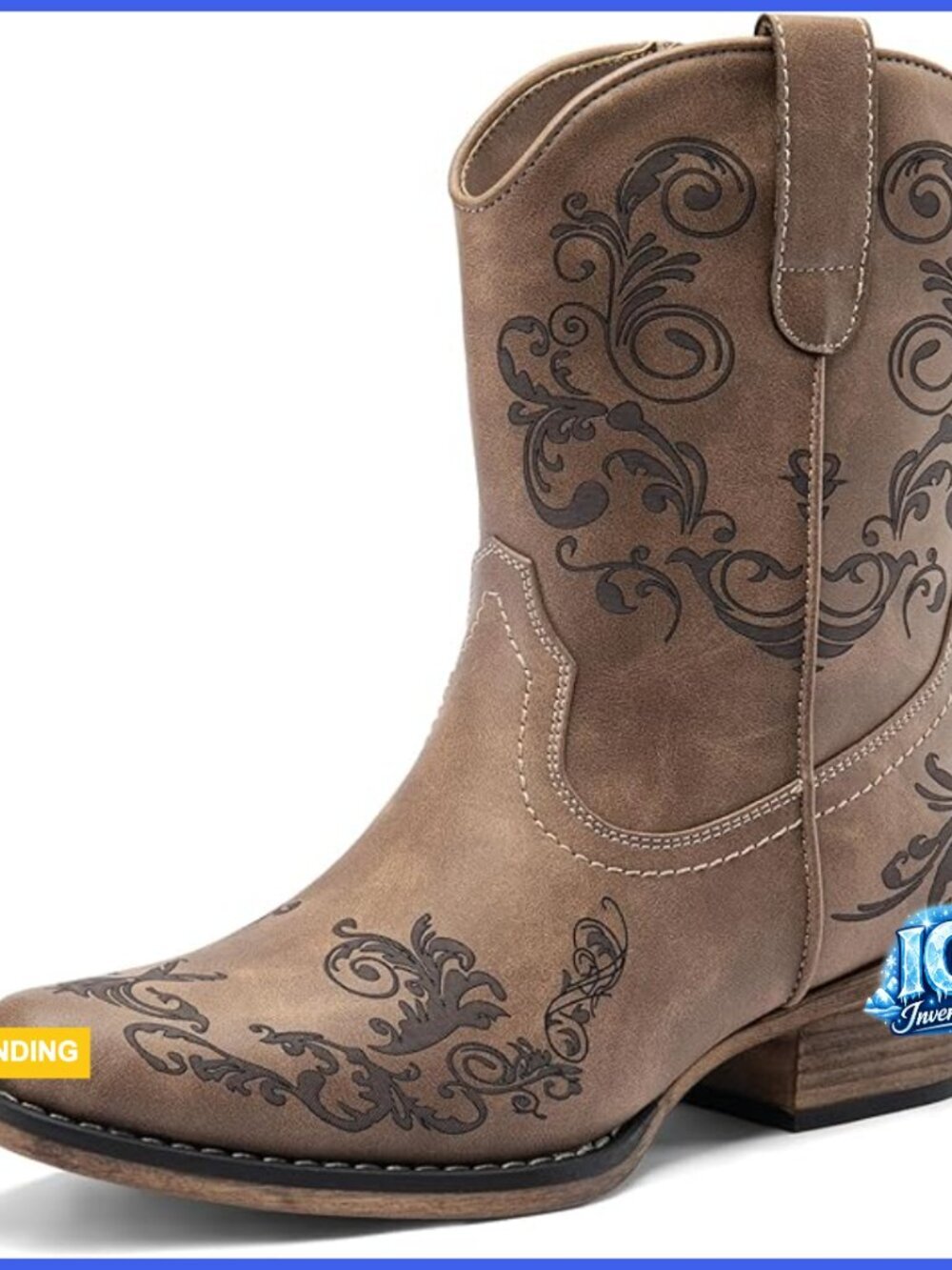 Women's Faux Leather Cowboy Ankle Boots with Chunky Heel & Square Toe